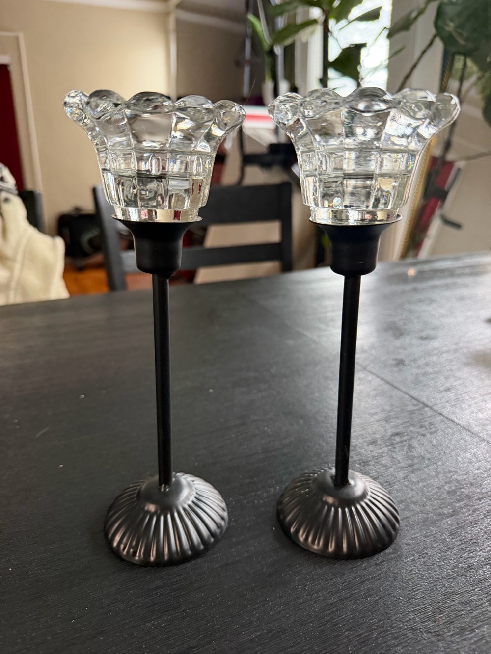 Source Unknown Clear Glass & Black Metal Taper Candle Holders - Pair